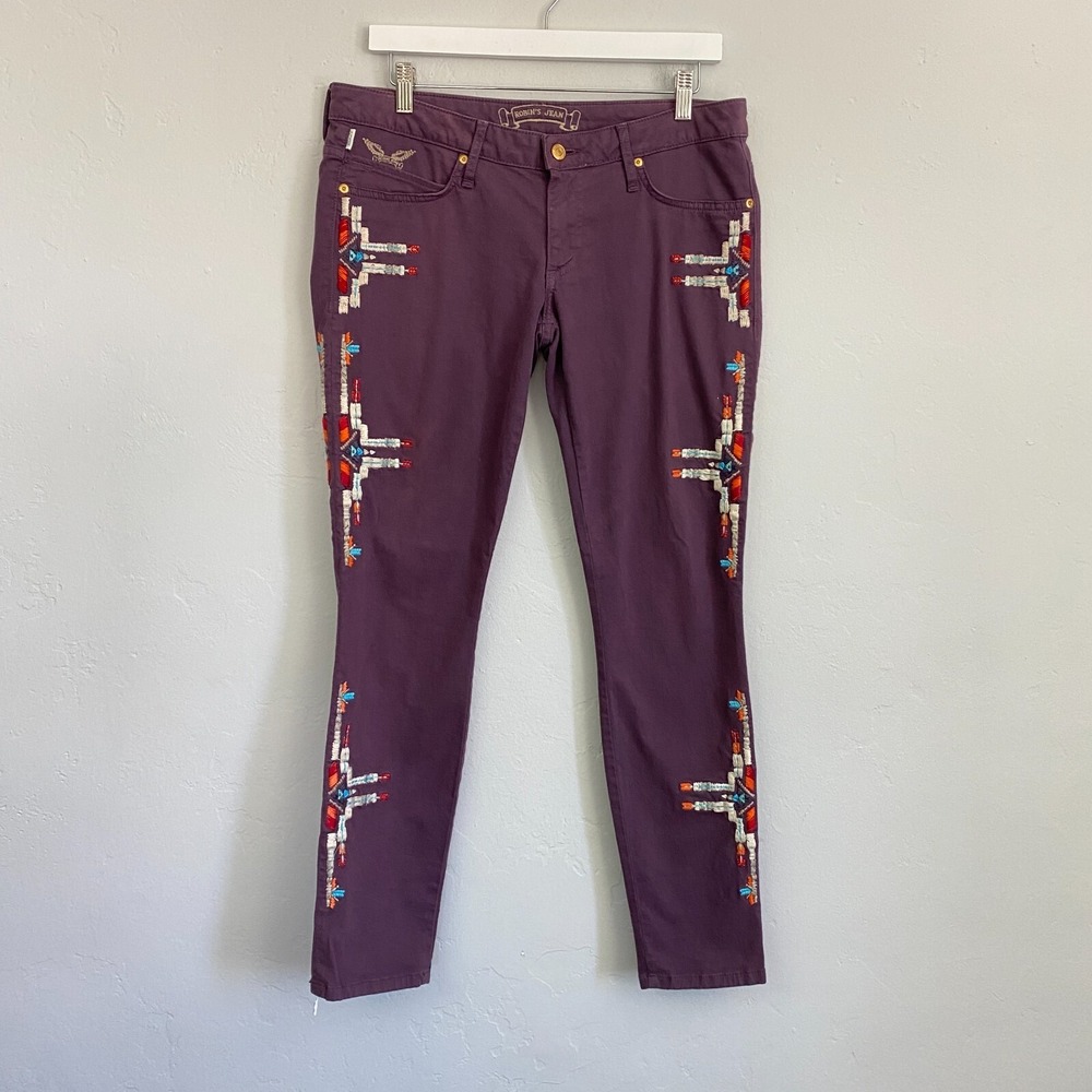 Robins Jean Embroidered Jeans Women Size 31 Purple Aztec Skinny Flaw